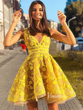 Bright Yellow 3D Flower Lace Homecoming Dresses Short Prom Dress SD1430