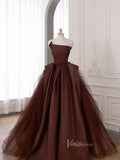 Brown Satin Prom Dresses, Strapless Pleated Tulle Ball Gown Corset Back FD3231