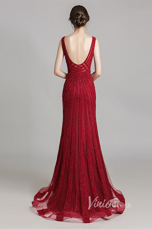 Burgundy Beaded Long Prom Dresses V-neck Formal Dress FD2473-prom dresses-Viniodress-Viniodress