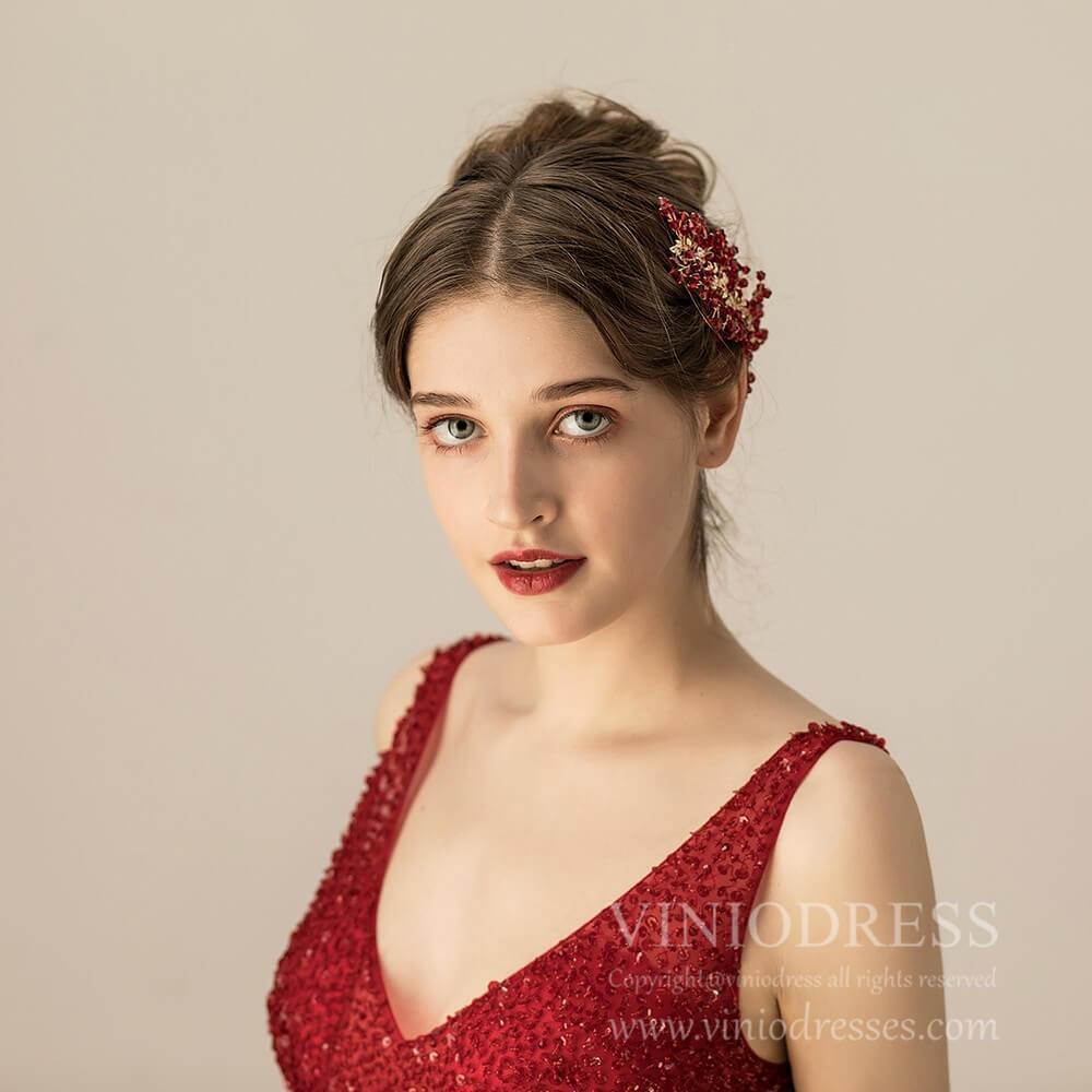 Burgundy Crystal Spray Headpiece AC1204-Headpieces 2025 -Viniodress-As Picture-
