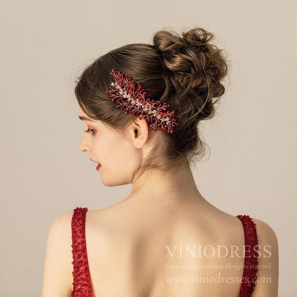 Burgundy Crystal Spray Headpiece AC1204-Headpieces-Viniodress-As Picture-Viniodress