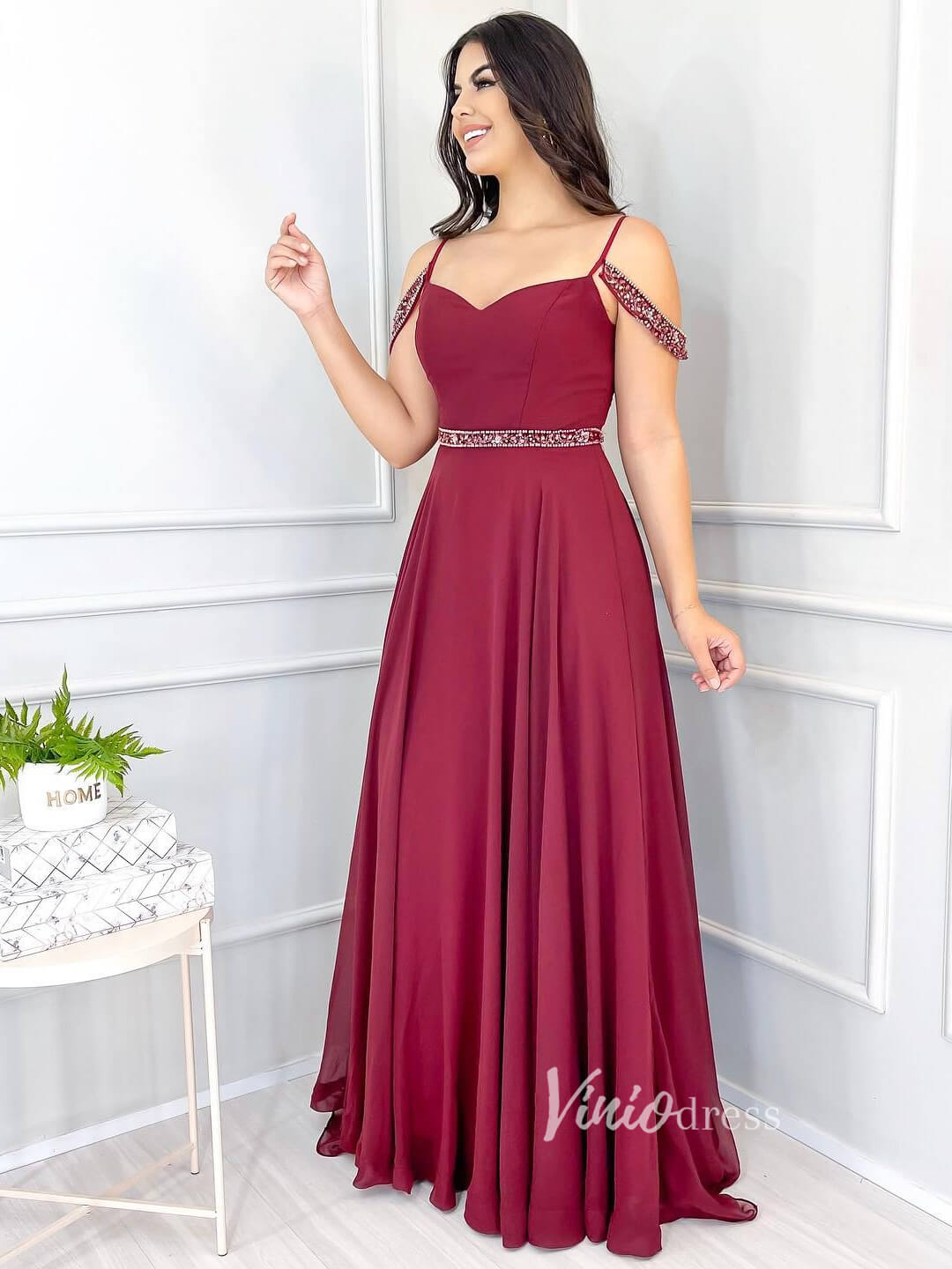 Burgundy Formal Evening Dress A-line Chiffon Prom Dresses FD2746-prom dresses-Viniodress-Burgundy-Custom Size-Viniodress