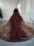 Burgundy Gold Sequin Wedding Dresses 66991 High Neck, Long Tail