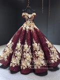 Burgundy & Gold Vintage Princess Ball Gowns Sparkly Long Prom Dresses FD1109 viniodress