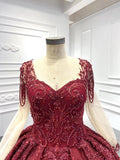 Burgundy Long Sleeve Princess Ball Gown Beaded Quinceanera Dresses viniodress-Quinceanera Dresses-Viniodress-Viniodress