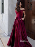 Burgundy Prom Dress with Pockets Shiny Satin Gown FD2712-prom dresses-Viniodress-Viniodress