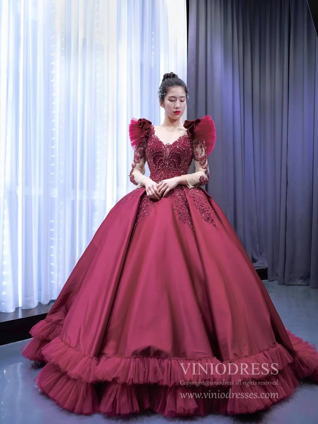 Burgundy Satin Princess Ball Gown Prom Dresses Ruffled Hem 67245 viniodress-prom dresses-Viniodress-As Picture-Custom Size-Viniodress