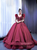 Burgundy Satin Princess Ball Gown Prom Dresses Ruffled Hem 67245 viniodress