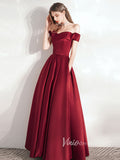 Burgundy Satin Prom Dresses Off the Shoulder Evening Dress FD3191-prom dresses-Viniodress-Viniodress