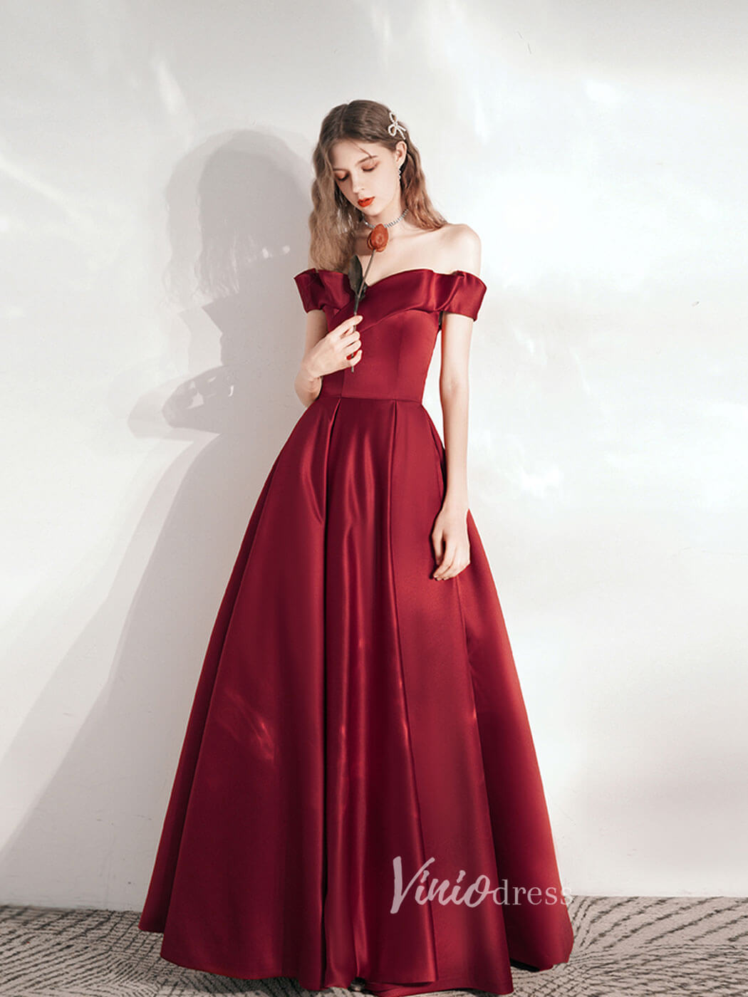 Burgundy Satin Prom Dresses Off the Shoulder Evening Dress FD3191-prom dresses-Viniodress-Burgundy-Custom Size-Viniodress