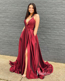Burgundy Satin Prom Dresses With Slit Spaghetti Strap Evening Dress FD3337