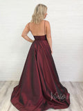 Burgundy Spaghetti Strap Long Prom Dresses with Pockets FD1596-prom dresses-Viniodress-Viniodress