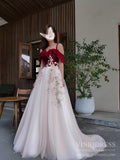 Burgundy Velvet Long Prom Dresses Champagne Tulle Ball Gown FD1974-prom dresses-Viniodress-Viniodress