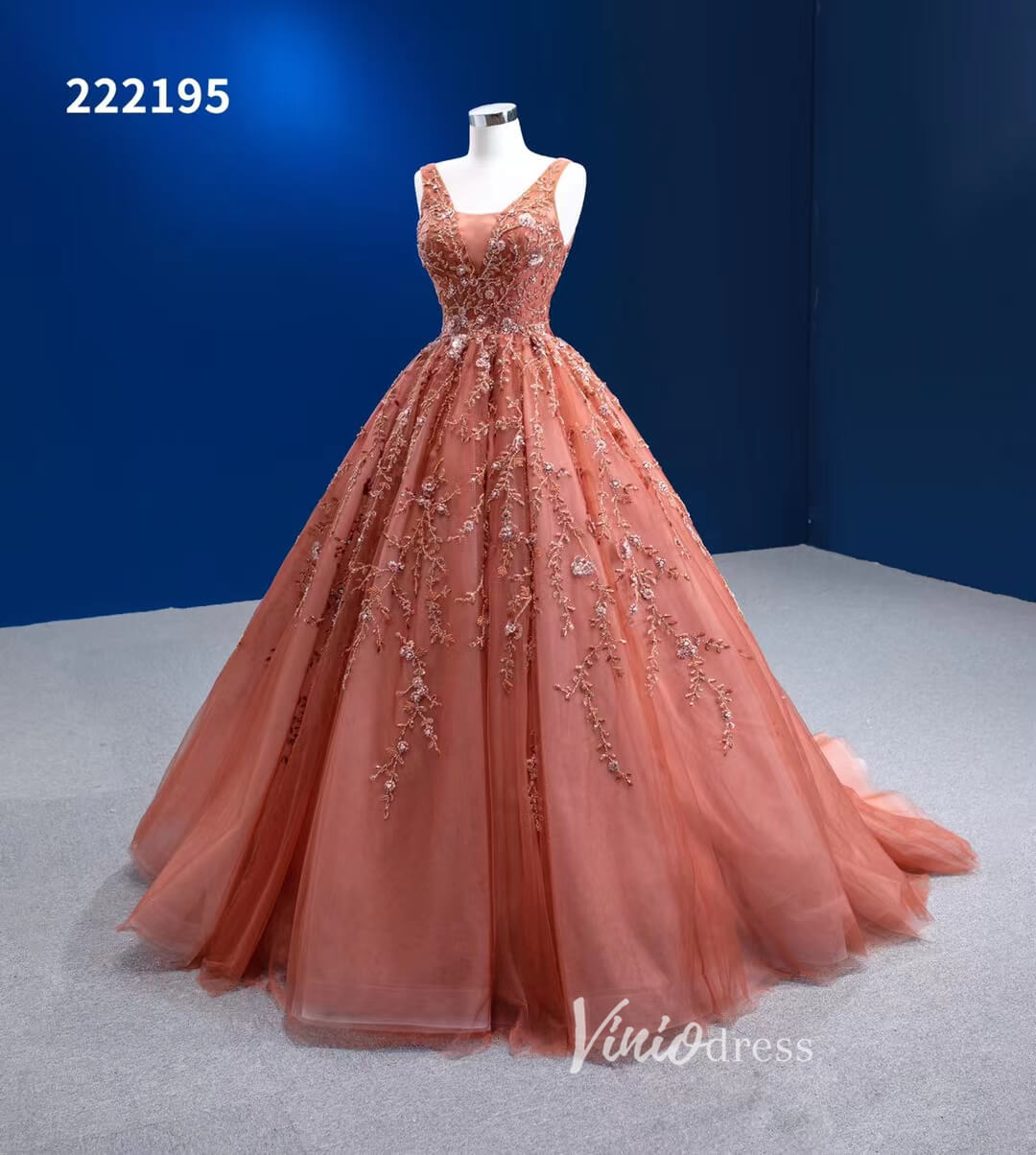 Burnt Orange Sweet 16 Dress V-neck Beaded Cinderella Ball Gown 222195-Quinceanera Dresses 2025 -Viniodress-As Picture-Custom Size-