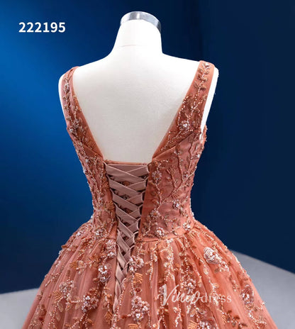 Burnt Orange Sweet 16 Dress V-neck Beaded Cinderella Ball Gown 222195-Quinceanera Dresses 2025 -Viniodress-As Picture-Custom Size-