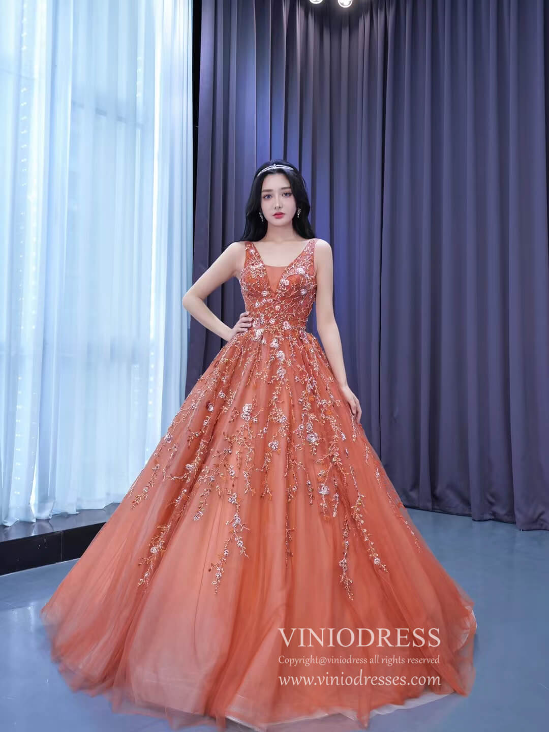 Burnt Orange Sweet 16 Dress V-neck Beaded Cinderella Ball Gown 222195-Quinceanera Dresses 2025 -Viniodress-As Picture-Custom Size-