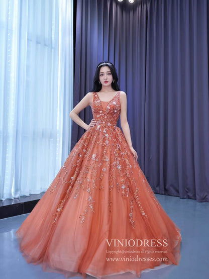 Burnt Orange Sweet 16 Dress V-neck Beaded Cinderella Ball Gown 222195-Quinceanera Dresses 2025 -Viniodress-As Picture-Custom Size-
