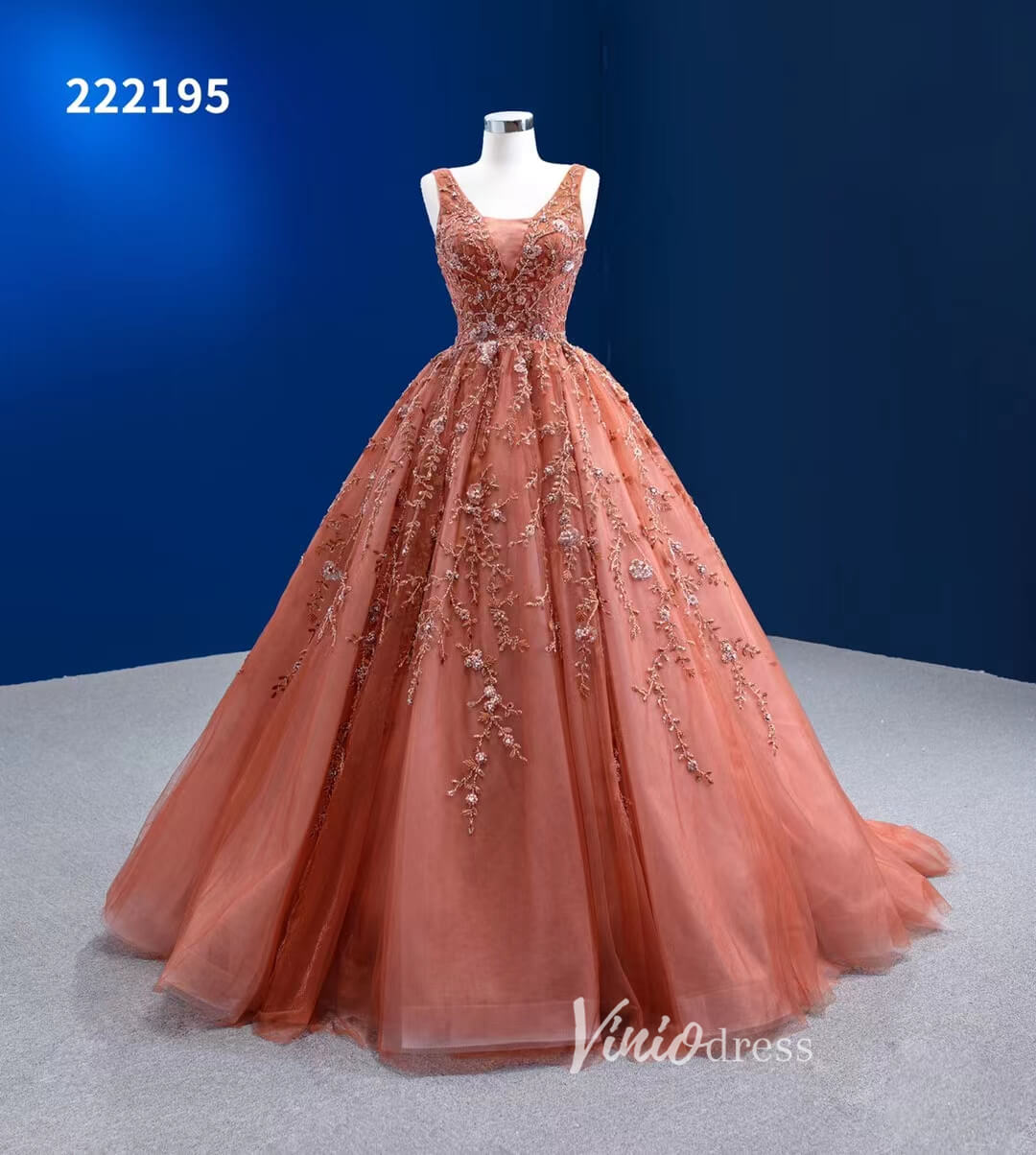 Burnt Orange Sweet 16 Dress V-neck Beaded Cinderella Ball Gown 222195-Quinceanera Dresses-Viniodress-Viniodress