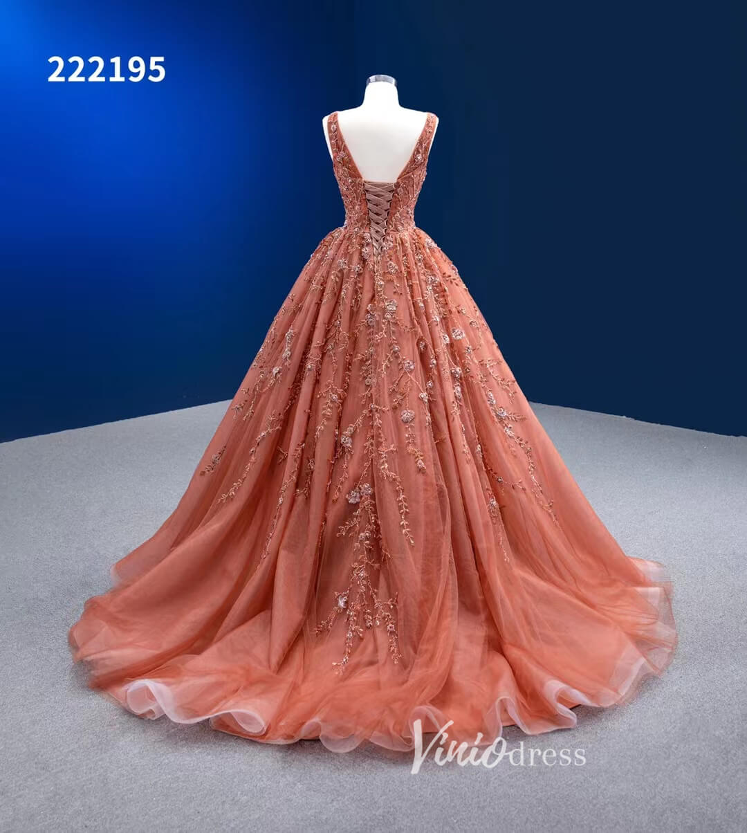 Burnt Orange Sweet 16 Dress V-neck Beaded Cinderella Ball Gown 222195-Quinceanera Dresses-Viniodress-Viniodress