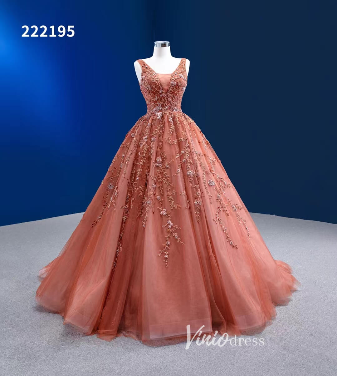 Burnt Orange Sweet 16 Dress V-neck Beaded Cinderella Ball Gown 222195-Quinceanera Dresses-Viniodress-Viniodress