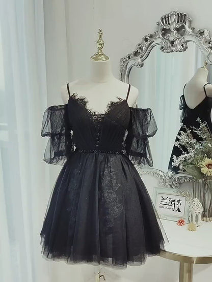 Spaghetti Strap Black Homecoming Dresses with Sleeves SD1410