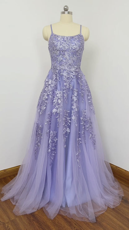 Spaghetti Strap Lavender Lace Long Prom Dress lace-up back FD2651