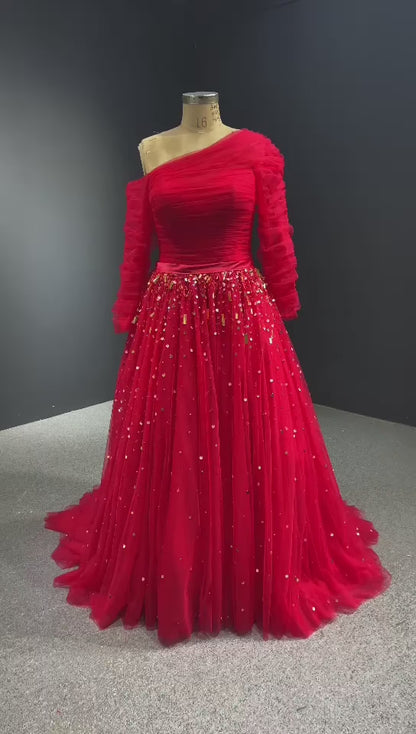 Long Sleeve Dark Blue Formal Dresses A-line Pageant Dress 67556