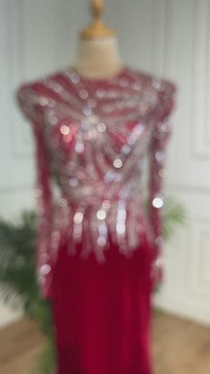 Vestidos de fiesta rojos con cuentas vestido de noche de manga larga tubo 20072