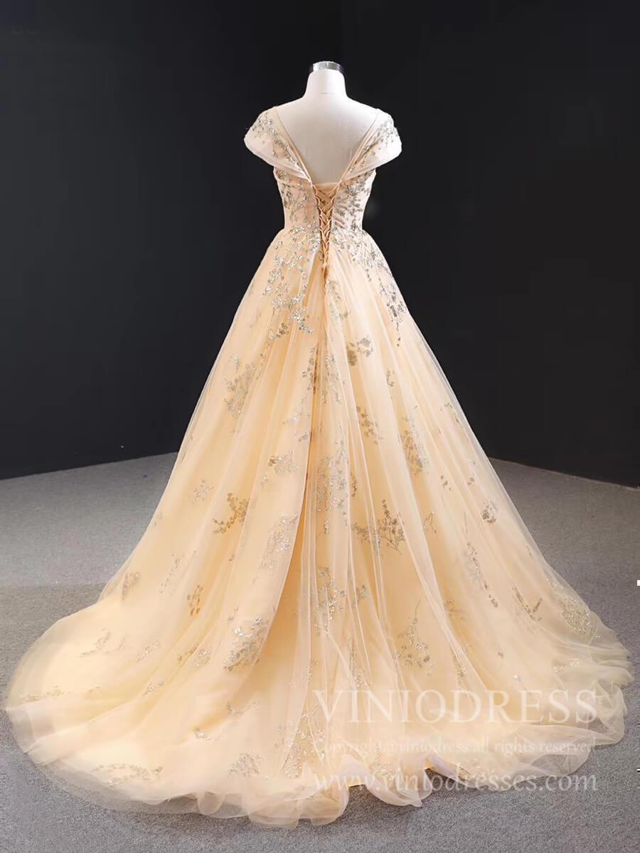 Cap Sleeve Champagne Prom Dresses Sparkly Gold Sequin Appliqued Formal Dress FD1802-prom dresses-Viniodress-Viniodress