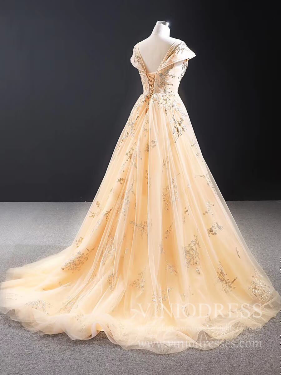 Cap Sleeve Champagne Prom Dresses Sparkly Gold Sequin Appliqued Formal Dress FD1802-prom dresses-Viniodress-Viniodress