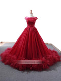 Cap Sleeve Dark Red Ball Gown Prom Dresses Beaded Quinceanera Dress FD1094 viniodress