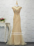 Cap Sleeve Gold Beaded Formal Dresses 20s Evening Dress FD1445