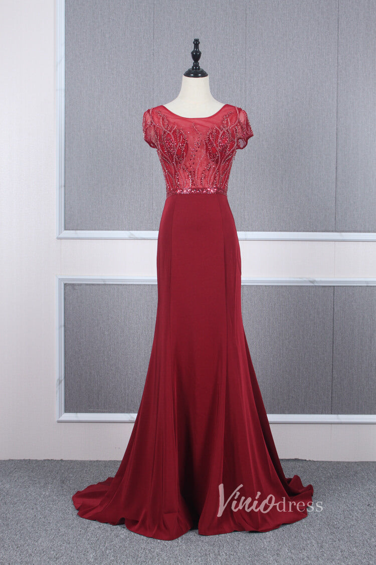 Cap Sleeve Red Sheath Prom Dresses Beaded Evening Dress FD2817-prom dresses-Viniodress-Red-US 2-Viniodress