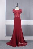 Cap Sleeve Red Sheath Prom Dresses Beaded Evening Dress FD2817