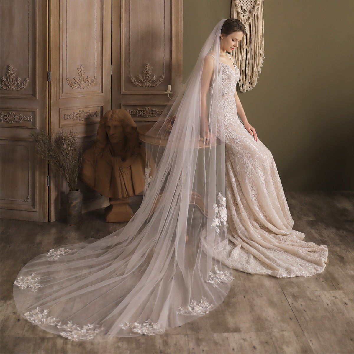 Cathedral Length Bridal Veil Lace Appliqued-Accessories 2025 -Viniodress-Ivory-