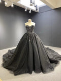 Cathedral Train Black Ball Gown Strapless Beaded Wedding Dresses 66818 viniodress