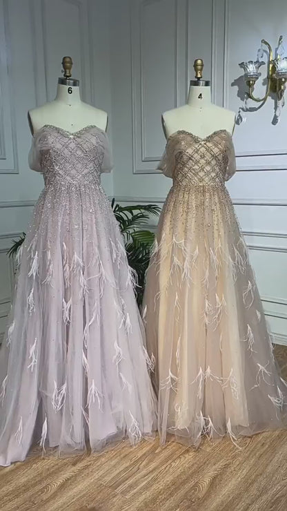 Beaded Feather Prom Dresses A-line Tulle Evening Gowns 20036