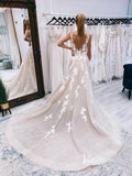 Champagne A-line Wedding Dresses V-neck Lace Appliqued Tulle Bridal Gown VW2137-wedding dresses-Viniodress-Viniodress