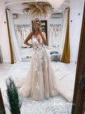 Champagne A-line Wedding Dresses V-neck  Lace Appliqued Tulle Bridal Gown VW2137