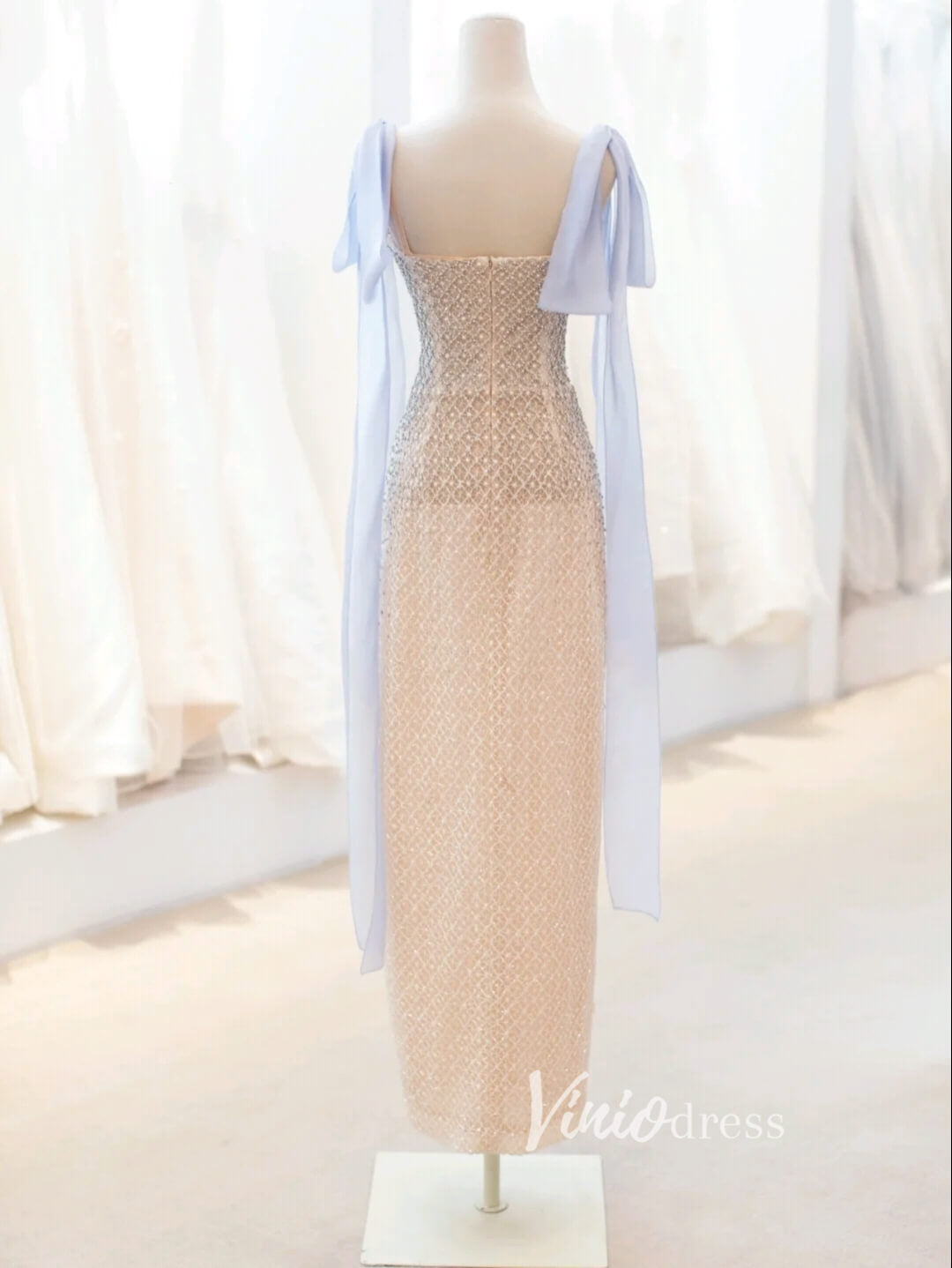 Champagne Beaded Prom Dresses Tea-Length Spaghetti Strap Evening Dress FD3438-prom dresses-Viniodress-Viniodress