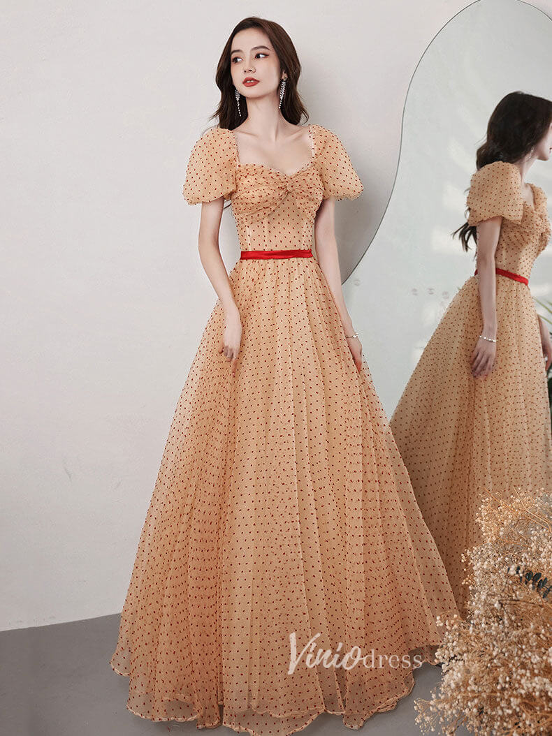 Champagne Dotted Tulle Prom Dresses Off the Shoulder Evening Dress FD3187B-prom dresses-Viniodress-Viniodress