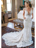 Champagne Mermaid Lace Wedding Dresses with Pockets VW1251