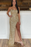 Champagne Sequin Prom Dresses with Slit Mermaid Spaghetti Strap Evening Dress FD3194-prom dresses-Viniodress-Viniodress