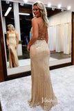 Champagne Sequin Prom Dresses with Slit Mermaid Spaghetti Strap Evening Dress FD3307-prom dresses-Viniodress-Viniodress