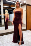 Champagne Sequin Prom Dresses with Slit Mermaid Spaghetti Strap Evening Dress FD3307-prom dresses-Viniodress-Burgundy-Custom Size-Viniodress