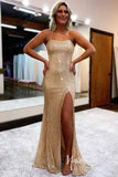 Champagne Sequin Prom Dresses with Slit Mermaid Spaghetti Strap Evening Dress FD3307