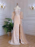 Champagne Sheath Lace Appliqued Prom Dresses Puff Sleeve Evening Dress 20069