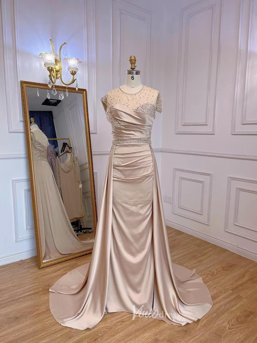 Champagne Sheath Mother of the Bride Dress Overskirt Evening Dresses 20055-prom dresses-Viniodress-Champagne-US 2-Viniodress