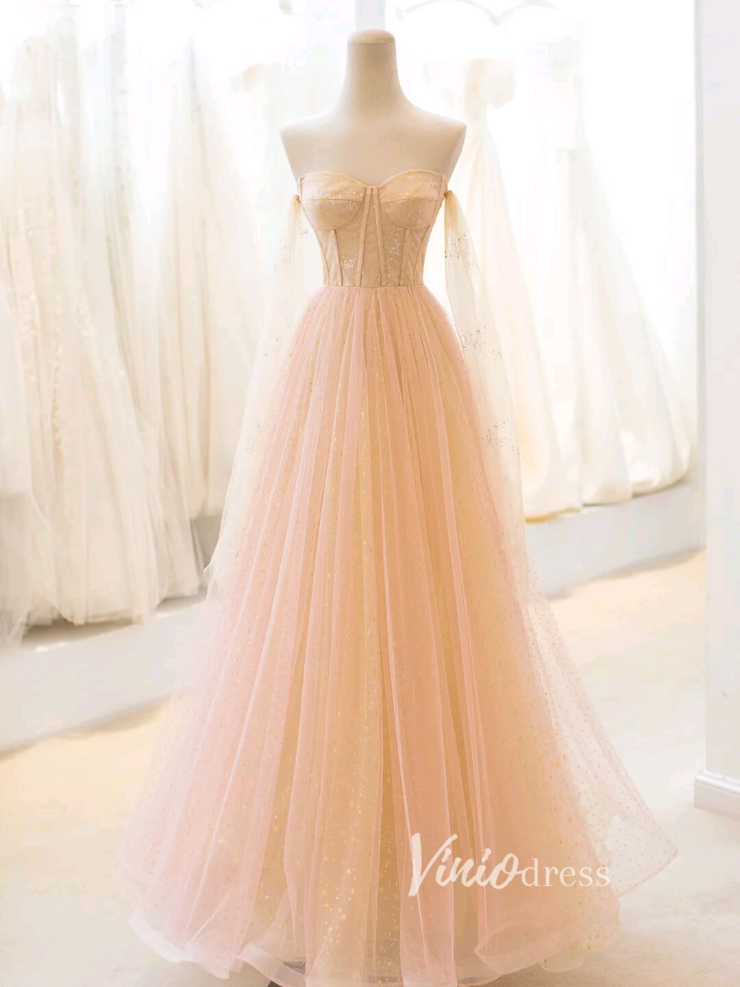 Champagne Starry Tulle Prom Dresses Off the Shoulder Evening Gown FD3425-prom dresses-Viniodress-Champagne-Custom Size-Viniodress