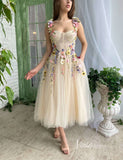 Champagne Tulle Prom Dress with Pockets Flower Appliqued Maxi Dress SD1441